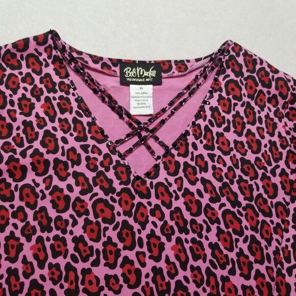 Bob Mackie L Dress Short Pink Leopard Beaded Trim Mob Wife Barbie Boho Artsy - Picture 4 of 10